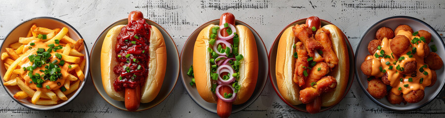 4 plates with hot dogs, chicken wings and French fries on a white background, top view, food photography, photorealistic in the style of studio light.