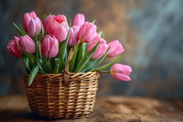 A basket full of pink tulips sits on a wooden table