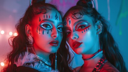 Naklejka premium Two Young Girls with Detailed Day of the Dead Makeup. Dia de los Muertos Makeup. Generative ai