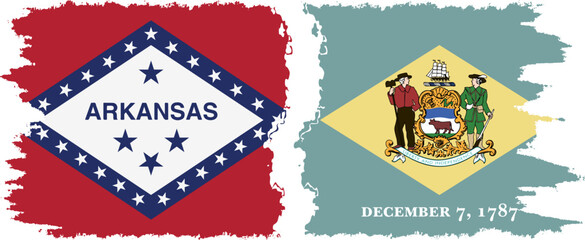 Delaware and Arkansas states grunge brush flags connection vector