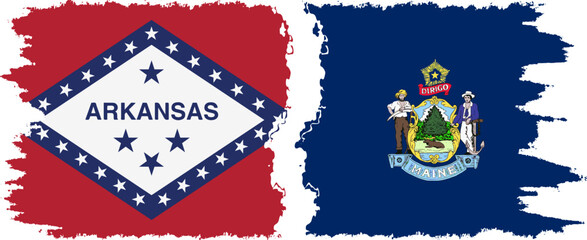 Maine and Arkansas states grunge brush flags connection vector