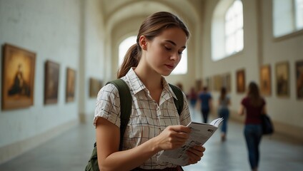 Side view of young caucasian woman student visiting museum and reading brochure. Light hall in background