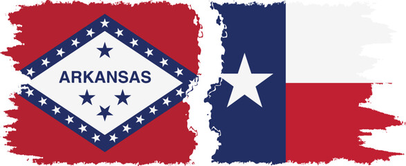 Texas and Arkansas states grunge brush flags connection vector
