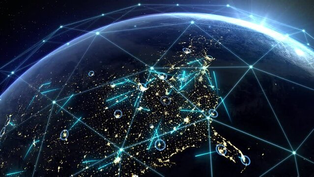 Dynamic exchange of data, connections and information across the world. Concept of global interconnection, communication. Tech earth globalization. Transfer of Web data. Network over America. 4k.