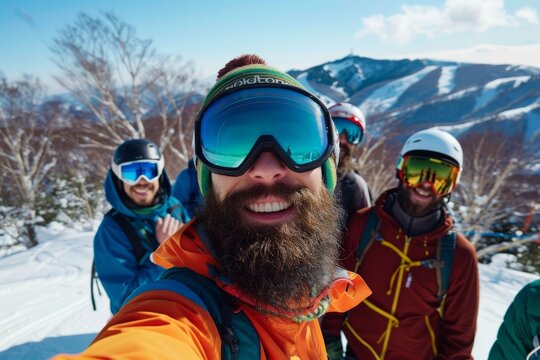 Friends enjoy a winter vacation in the snowy mountains, partaking in thrilling activities like skiing and snowboarding, bonding over shared adventures and creating unforgettable memories