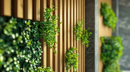 Minimalist wooden slat screen wall integrating vertical greenery for natural privacy