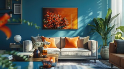Stylish Living Room Interior with Vibrant Orange Accents and Modern Decor