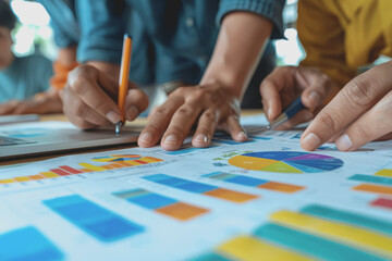 Fototapeta premium Business team having a meeting to analyze data graph charts for a marketing plan in the office.