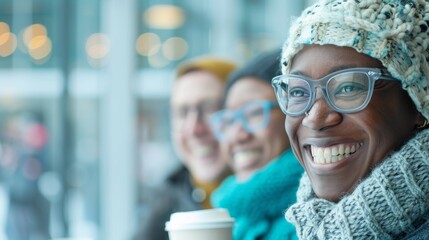 Sunny Morning Coffee Break Diverse Group of Friends, Aged 20s-50s, Chatting in a Cozy Cafe Setting