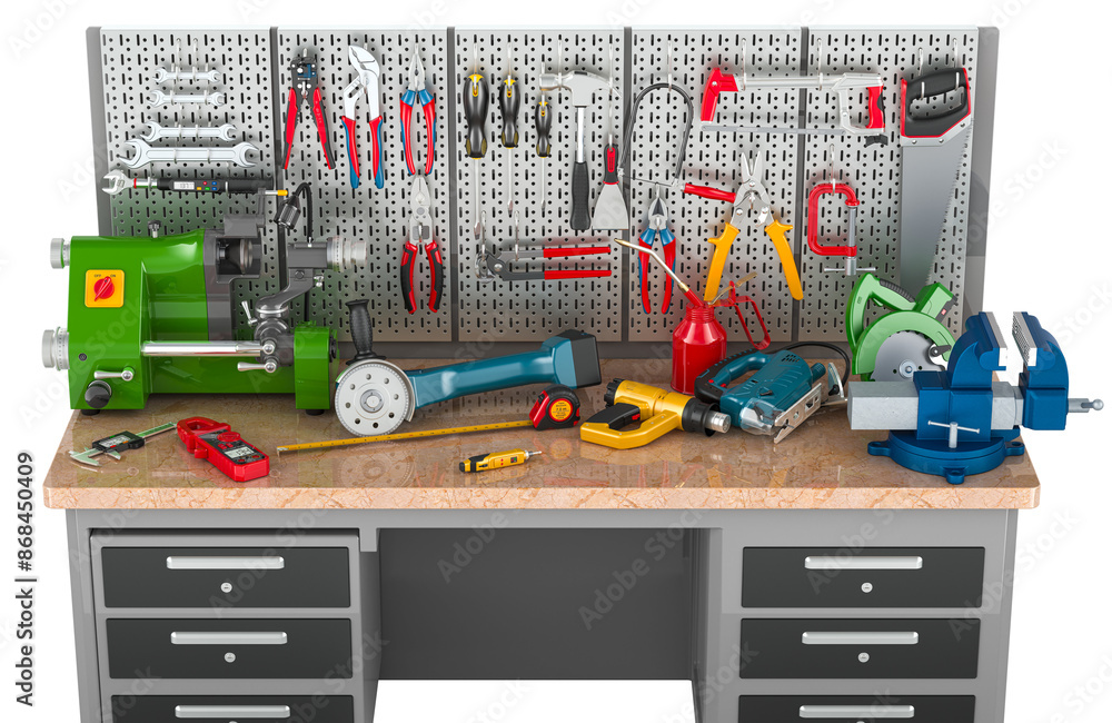 Poster maintenance work table with construction tools and equipment, 3d rendering isolated on transparent b