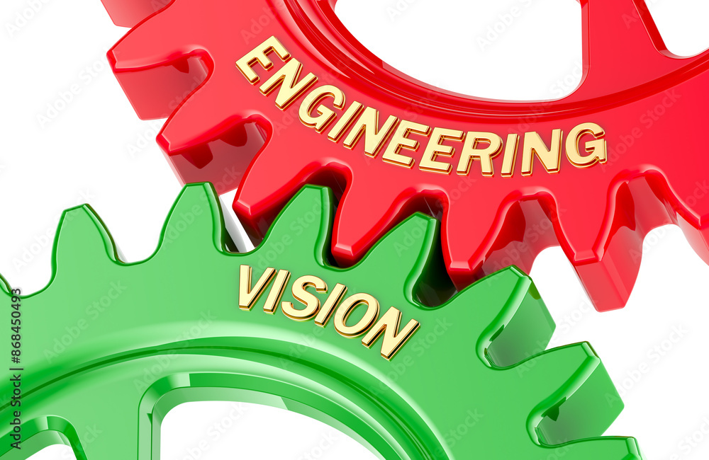Poster engineering vision concept, with colored gearwheels. 3d rendering isolated on transparent background