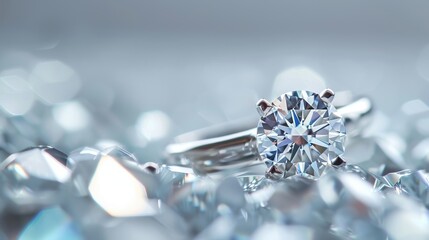 Elegant diamond ring on sparkling surface in close-up. High-quality, shining jewelry. Perfect for engagement and wedding themes. Photorealistic visual with a touch of elegance. AI
