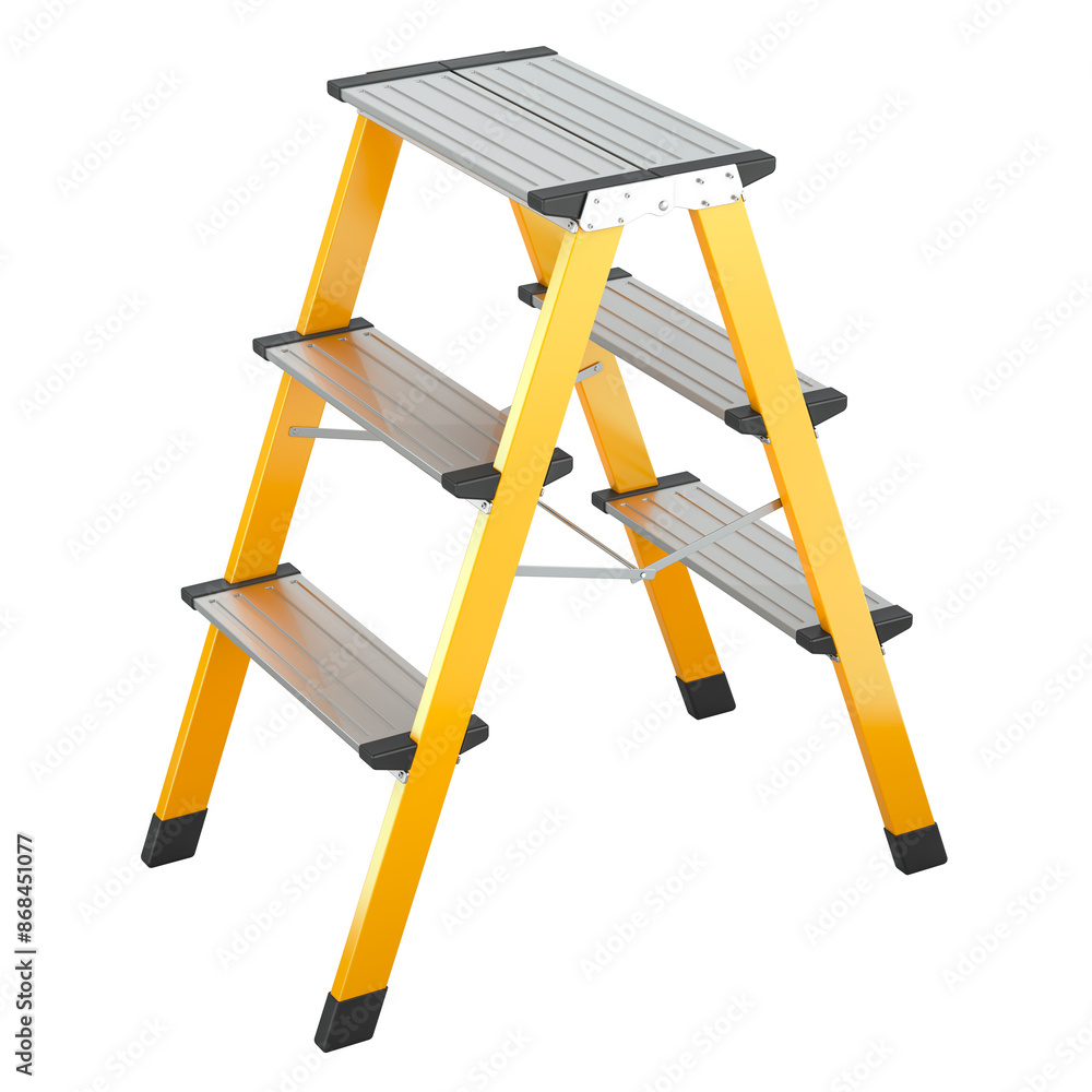 Wall mural yellow aluminum step ladder, lightweight folding ladder, portable slim step stool. 3d rendering isol