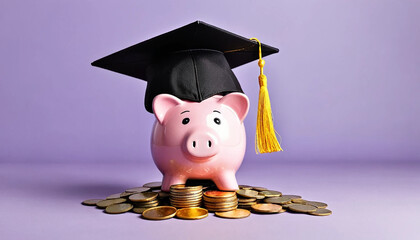 Piggy Bank with Graduation Cap Filled with Coins as a Symbol of Saving for Education. Motivation for Education Savings