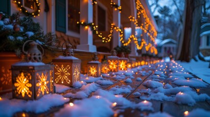 Create a magical pathway to your front door with luminous luminaries, guiding guests through a wonderland of sparkling snowflakes and