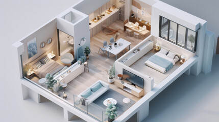 3D view displays a house with a comfort bedroom and minimalist living room, a well lit composition style, beautiful interior