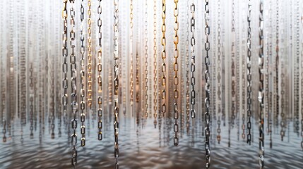 Screen wall composed of hanging chains in a gradient of metallic shades, providing a shimmering, flexible screen that adapts to movement