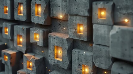 Screen wall composed of hand-cast concrete blocks with embedded luminescent particles that glow after dusk, providing soft ambient lighting