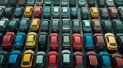 Top view of the crowded Parking lot with quadcopter or drone. Parking space search, No parking