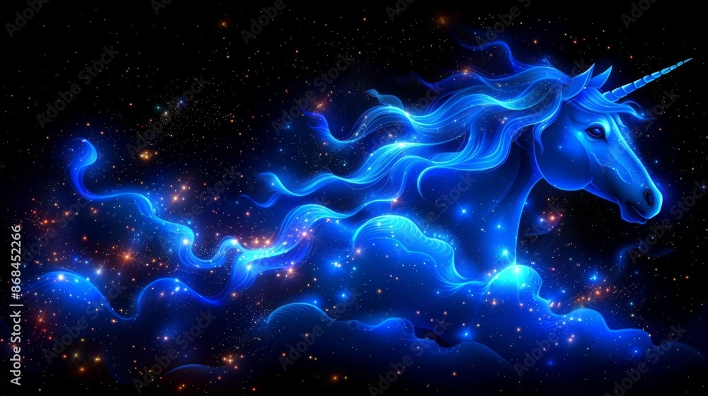 Poster create an enchanting illustration of clouds shaping into a magical unicorn, with flowing mane and ta