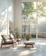 Fototapeta premium Minimalist interior with white wall, large windows, and lots of light