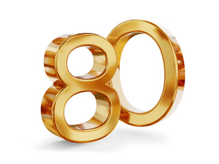 80 eighty, number golden metallic, jublee or years, age and birthday or rate as 3d-illustration, gold colored icon as symbol, isolated