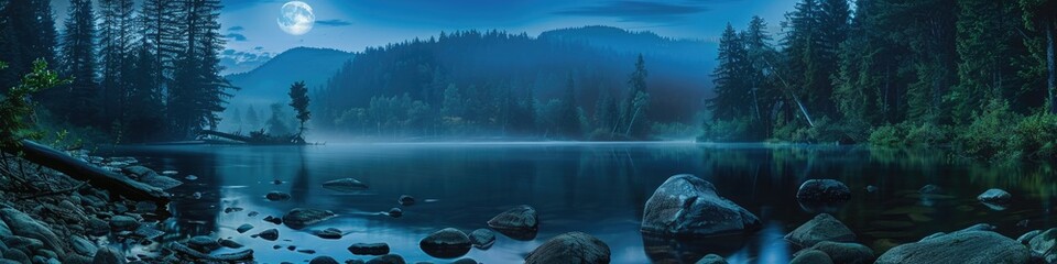 Moon River. Night Forest River Flowing with Stones on Shores in Mountainous Landscape