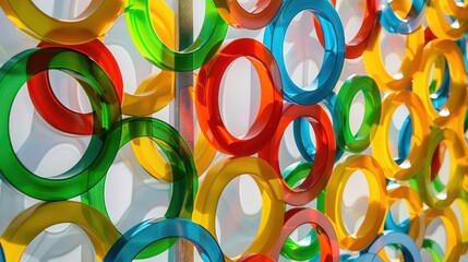 Screen wall composed of interlocking rings of recycled plastics, offering a colorful and eco-friendly approach to privacy