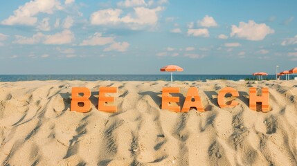 Obraz premium Vibrant Orange 'BEACH' Letters Crafted from Umbrellas on a Sunlit Sandy Beach in Minimalist Style