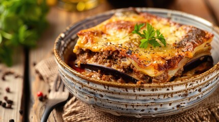 A bowl of Greek moussaka with layers of eggplant and meat