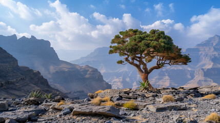 Dracaena cinnabari trees thrive on rocky soil with striking red trunks, Ai generated images