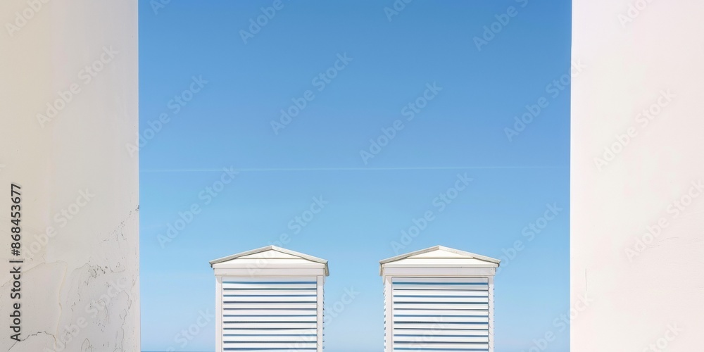 Poster symmetrical view of two striped beach umbrellas against a clear blue sky, captured with long exposur