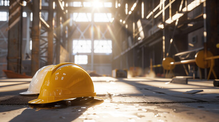 Safety helmets on the floor in an industrial construction site with sunlight streaming through windows
