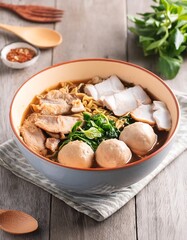 Thai Boat Noodle , rice noodle in soup mixed with blood , topped with pork ball