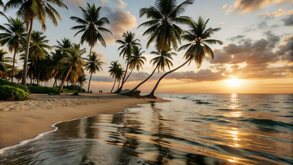 Fototapeta premium Palm Trees on Tropical Beach at Sunset with Copy Space