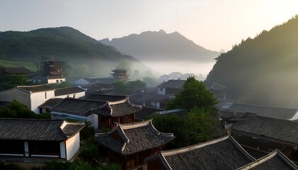 Aerial view of an ancient Chinese village, misty mountains, traditional tiled roofs