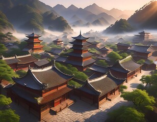 Aerial view of an ancient Chinese village, misty mountains, traditional tiled roofs