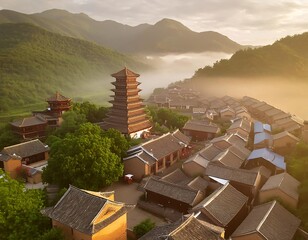 Aerial view of an ancient Chinese village, misty mountains, traditional tiled roofs