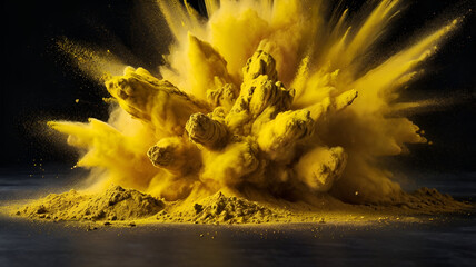 abstrcat yellow color holi powder explotion. generated by Ai.
