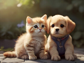 Obraz premium Cute Animal Cat Dog Couple Posing Photography Art