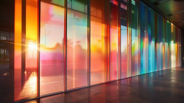 Screen wall composed of vertical panels of dichroic glass, changing color based on the angle of sunlight and viewer perspective