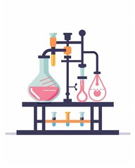  Stylized chemistry lab featuring flasks, molecules, and tubes. Science illustration design art isolated on a white background