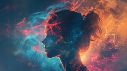 A portrait of a person whose thoughts are visible