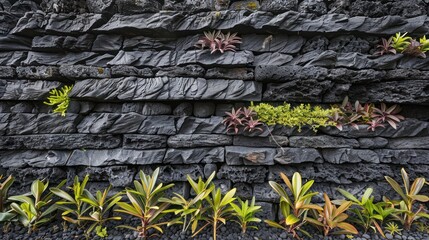 Screen wall consisting of horizontal lava stone slabs, providing a rugged and natural texture that enhances garden privacy