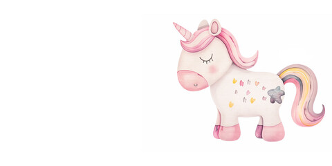 Cute pink unicorn on a white background, watercolor illustration, empty space for text. A poster for a children's room.