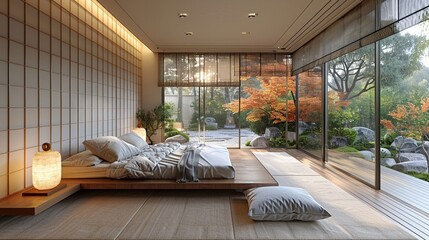 Minimalist bedroom Japanese influences low platform bed shoji screens bright natural lighting