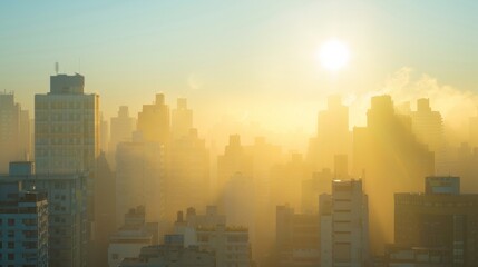 Fototapeta premium Golden Morning Light Bathes City Skyline at Sunrise, Perfect for Inspirational Messages