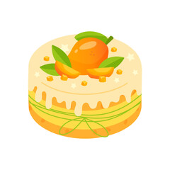 Sweet bento cake with mango and mango slices . Mango dessert, mango tropical cake. Mango flavored dessert in flat style.