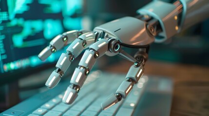 Obraz premium Robotic hand working on a computer or monitor to