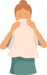 Young woman is covering her mouth with a cloth, possibly feeling unwell or experiencing nausea